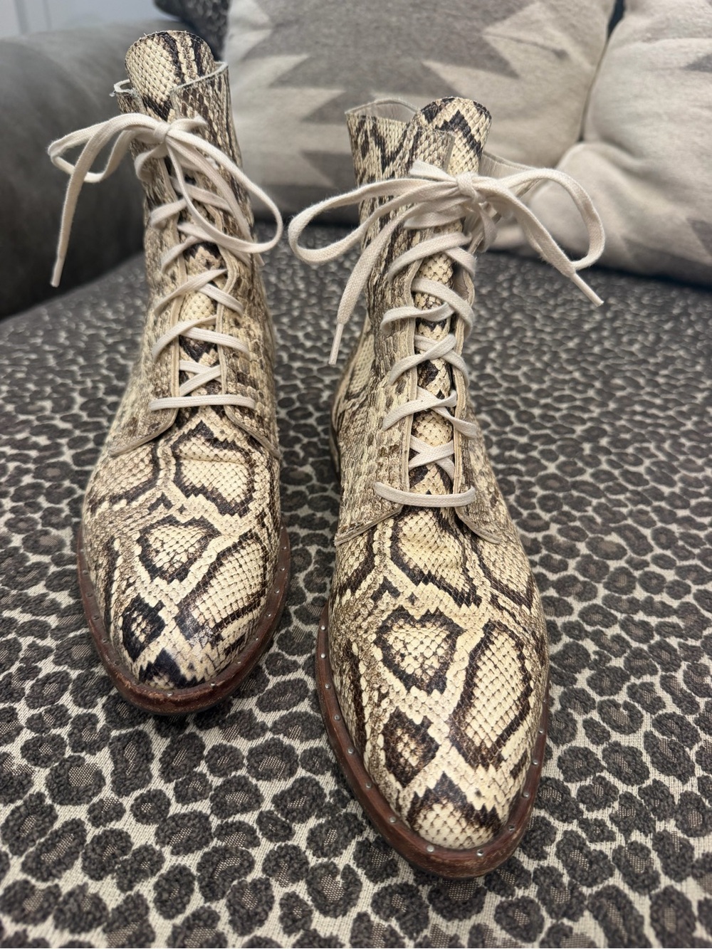 Freda Salvador Snake-Print Lace-Up Ankle Boots in Beige and Black